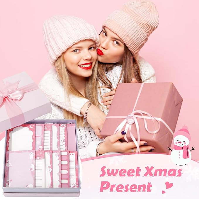 Chiisong 12 Pcs Christmas Sticky Notes Pink Christmas Notepad Santa Snowflake Snowman Self Adhesive Memo Pads Xmas Gift Cute Decorative Notepad Winter Party Favor for Office Winter Holiday Gift