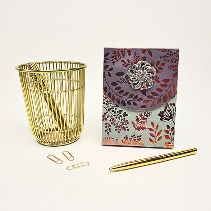 Punch Studio Flip-Top Notepad For Daily Notes or Notes on-the-go, with Magnetic Closure, Brooch Embellishment, Gold-Foil Accents & 75 Illustrated Sheets, 5" x 3.75" - Copper Leaves (43833)