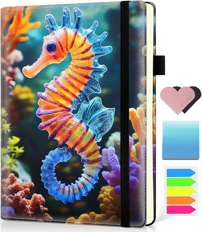 Hardcover Executive Notebooks, A5 PU Leather Lined Journal Notebook, 200 Pages Thick Paper Subject Notebooks for School,Work,Home Writing Business Notebook, Diary Book ，Colored Seahorse