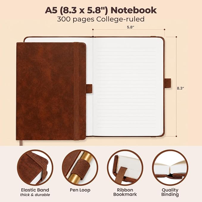 3 Pack A5 Lined Leather Journals for Writing - 300 Pages Each Notebook | Thick hardcover journals for writing. Journal for men & women. Premium leather bound notebook for work & daily journaling.