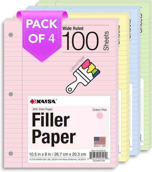 Kaisa Filler Paper Colored loose Leaf Paper, Wide Ruled 8x10.5in Colored Paper, 3-Hole Punched for 3-Ring Binders,100Sheets/pack 4Packs, FC10001W