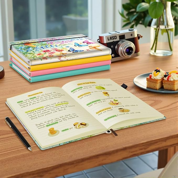 Hardcover Executive Notebooks, A5 PU Leather Lined Journal Notebook, 200 Pages Thick Paper Subject Notebooks for School,Work,Home Writing Business Notebook,Watercolor Butterflies and Flowers
