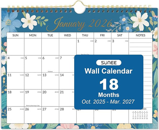 SUNEE Calendar 2026 Wall- 18 Months Wall Calendar Oct. 2025 - Mar. 2027, 11"x8.5" Horizontal Hanging Calendar with Note for Organizing & Planning, Floral