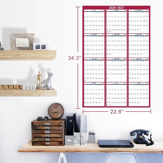 2026-2027 Yearly Wall Calendar - Calendar 2026-2027, 34.8" x 22.8"(Open) | Large Wall Calendar 26-27, July 2026 - June 2027, Full Year Calendar Large, One Page Vertical with Round Stickers - Red