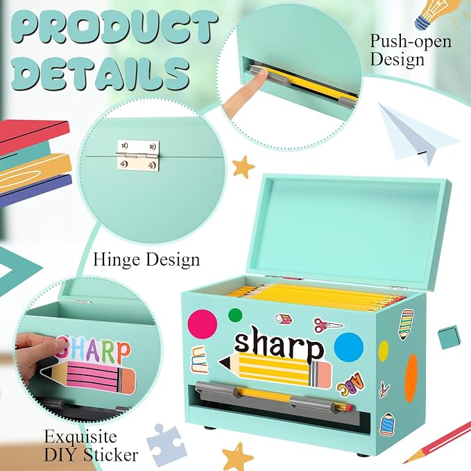 Mifoci Wooden Pencil Dispenser Kit for Classroom Wooden Pen Holder Straw Dispenser Sharp and Dull Letter Stickers for Teachers Classroom Supplies Storage(Light Green)