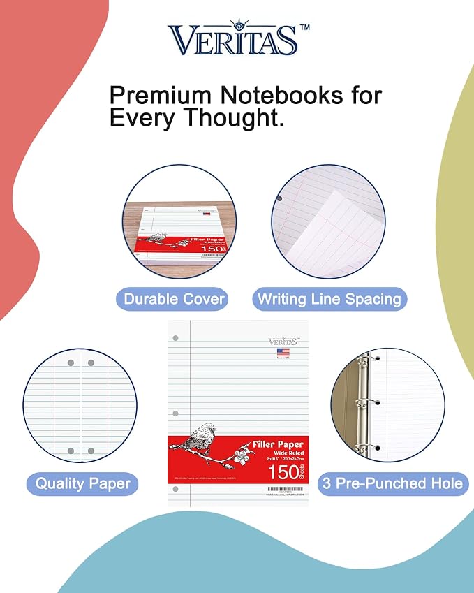 Loose Leaf Paper Wide Ruled, 8" x 10.5" Binder Filler Paper, 3 Hole Punched Notebook Paper, 3600 Sheets Total 24 Pack 150 Sheets/Pack, Bulk School & Office Supplies, Made in USA