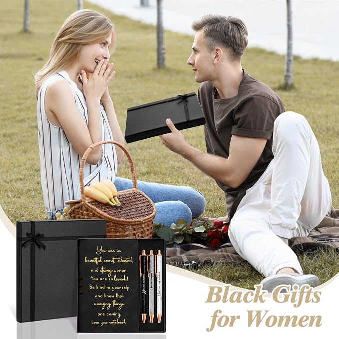 Resurhang 5 Pcs Inspirational Journal for Women Employee Appreciation Gift A6 Leather Journal Glitter Ballpoint Pen with Box for Back to School Teacher Coworker Female Secretary Nurse(Black)