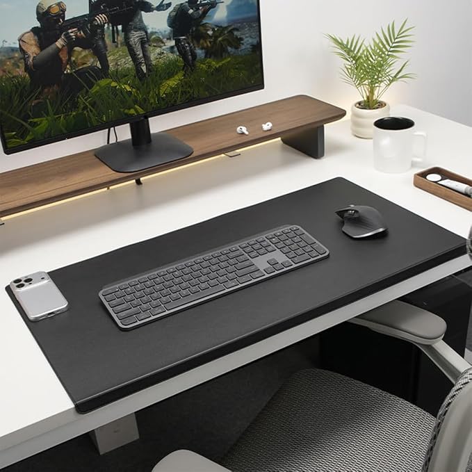Edge-Locked Leather Desk Pad, Desk Blotter with Full Grip Fixation Lip, Waterproof Large Office Table Mat, Non-Slip Laptop Mouse Pads for Work Typing Writing (Black,35.4"x19.7")