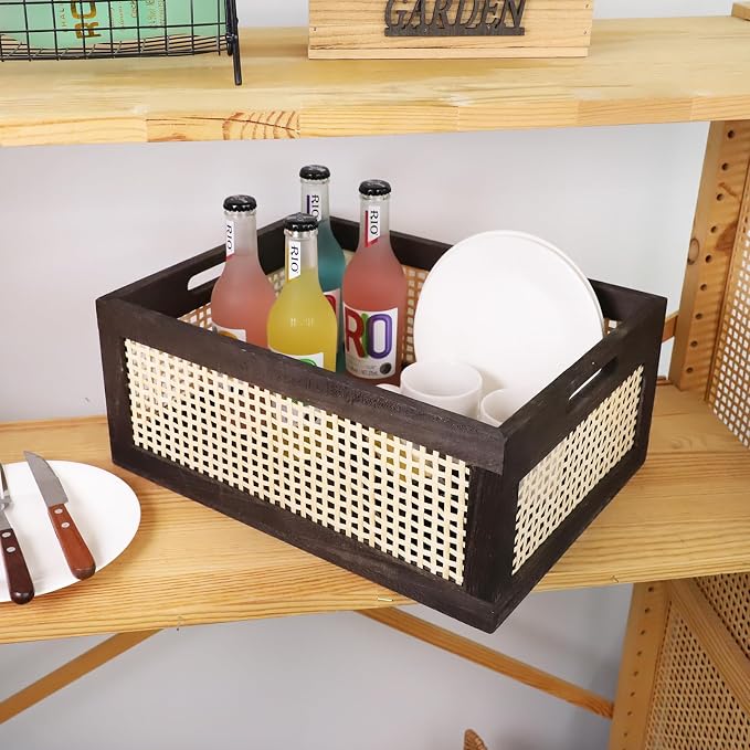 Desktop Storage Basket, Sundry Office Drawer Storage Box, Wood Frame Storage Basket. (Brown-Large)