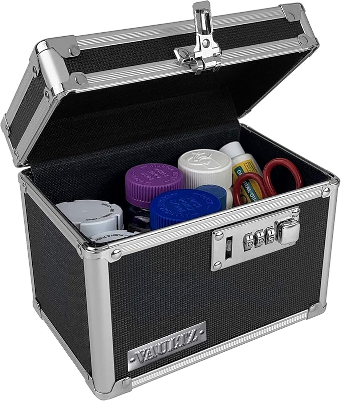 Vaultz Medicine Lock Box - 4 Pack - 5 x 7 x 5 Inches - Secure Cabinet Safe with Combination Lock - Ideal for Medications and Small Valuables - Black | Secure cabinet safe for medications, cash and small valuables, compact design fits shelves, drawers o...