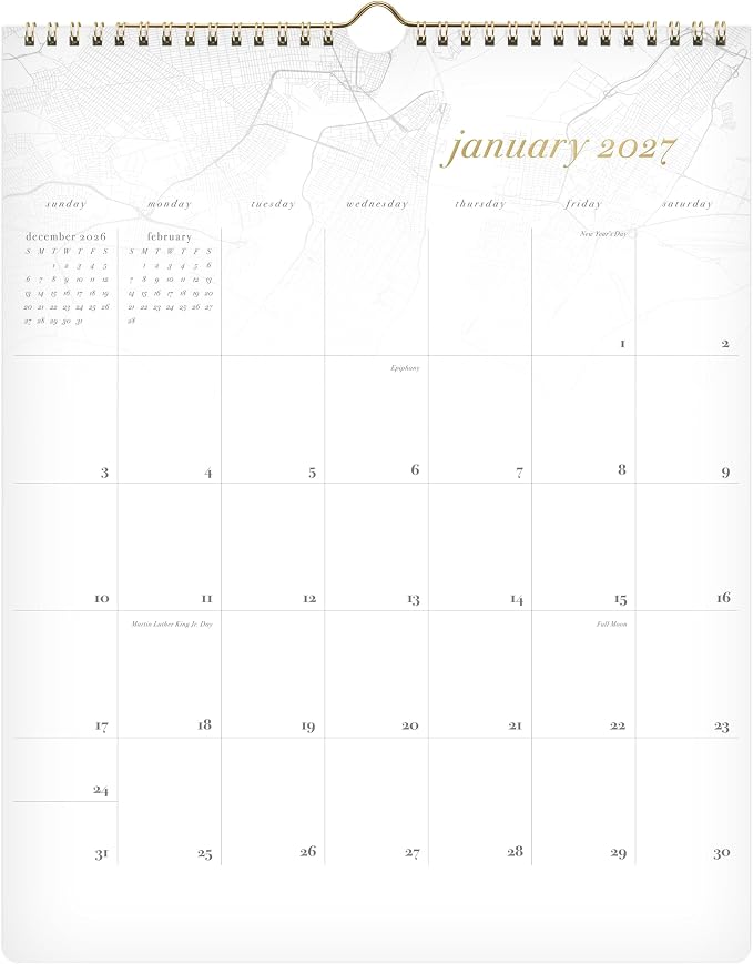 Mead 2027 Wall Calendar, Monthly, 15" x 12", Unruled Daily Blocks with Stickers, White/Gold, West Village (WV0067F-27)