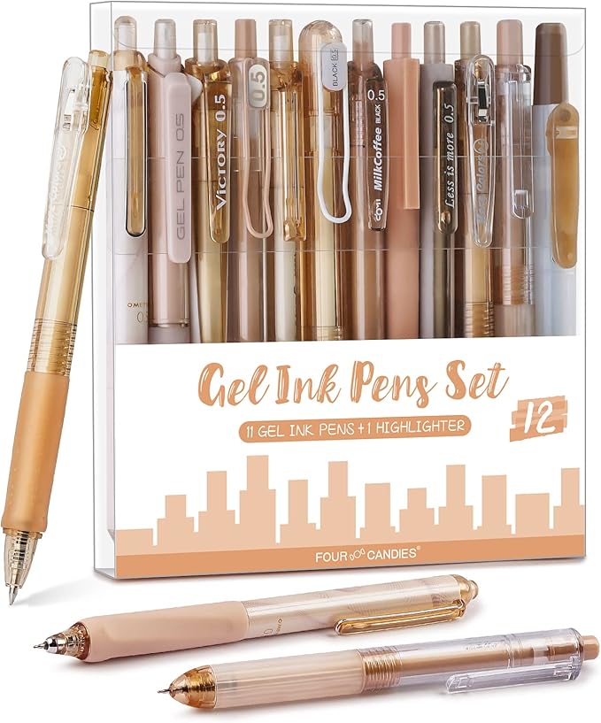 Four Candies Brown Pens, Black Gel Ink, Moor - 12ct, 0.5mm Fine Point | Boho Aesthetic Office Decor & Desk Accessories, Neutral Beige School Supplies, Journaling