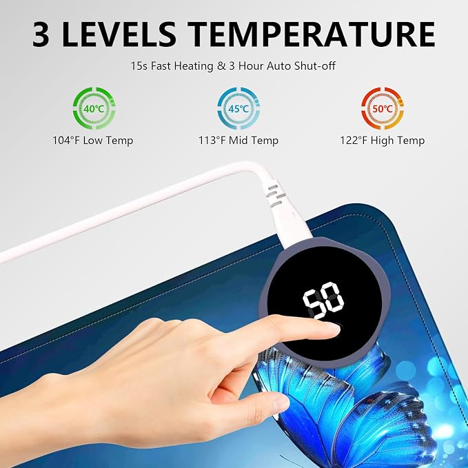 Heated Mouse Pad with 3 Levels Heated & 3 Hours Auto Shut-Off Mouse Pad for Warming Hands in Office Home, 23.6" x 14.2"Large Safe Desk Mat Hand Warmer，Glittering Butterfly