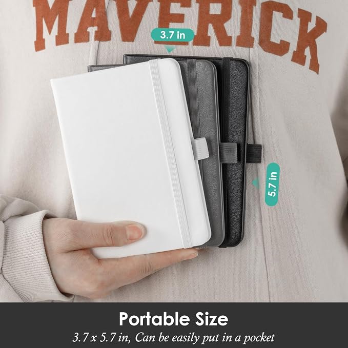 NIRMIRO Small Notebook Pocket Size Journal 3.7" x 5.7", 3 Pack, (White, Grey, Black), 408 Pages, A6 Mini Notepad with Pen, Small Leather Note Book, 100GSM Lined paper, Hardcover