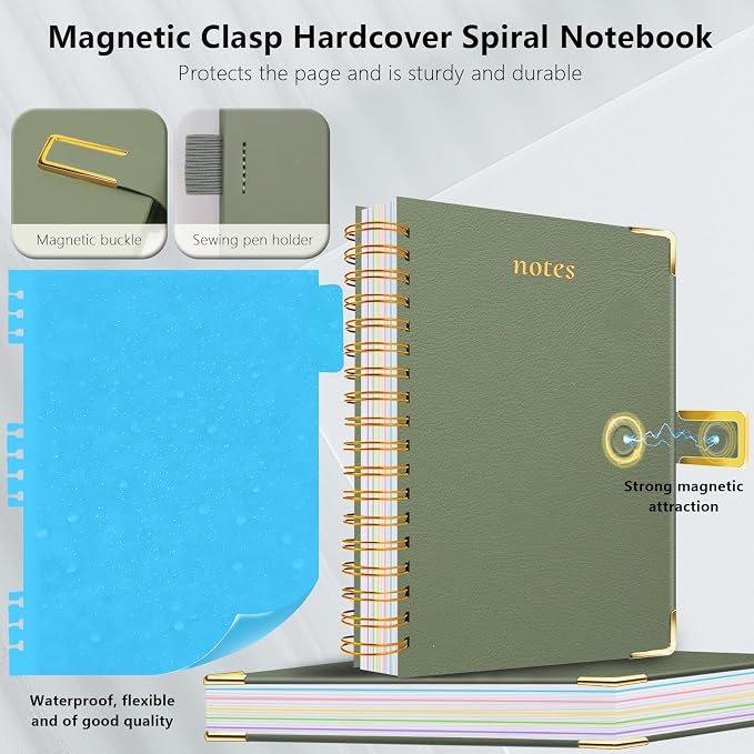 Hardcover Spiral Notebook College Ruled, 8"x10" Leather Journal Notebook with Magnetic Closure, 300 Pages 5 Subject Notebook with Dividers Tabs Journal for Women Men, Work, School(Sage Green)