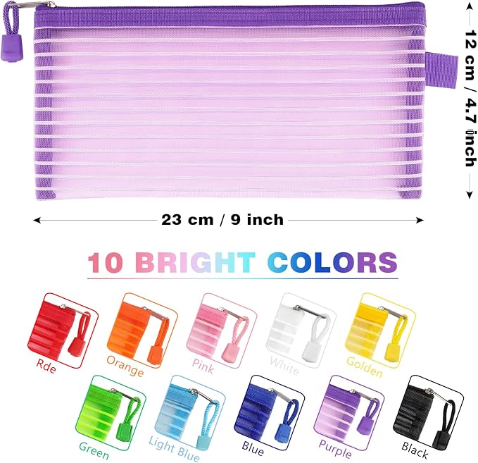 Tamaki 10 Pack Mesh Zipper Pouch Bags, 9'' x 4.7 '', Colorful | Small Pouch Multicolor Pen Bag Multipurpose for Office Supplies Travel Storage Bags