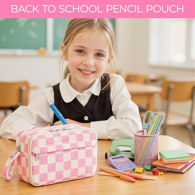 WOBAGMEN Cute Pencil Case,Large Corduroy Zippered Pencil Case Pouch, aesthetic Pencil Bag with Compartments（Pink Gingham）