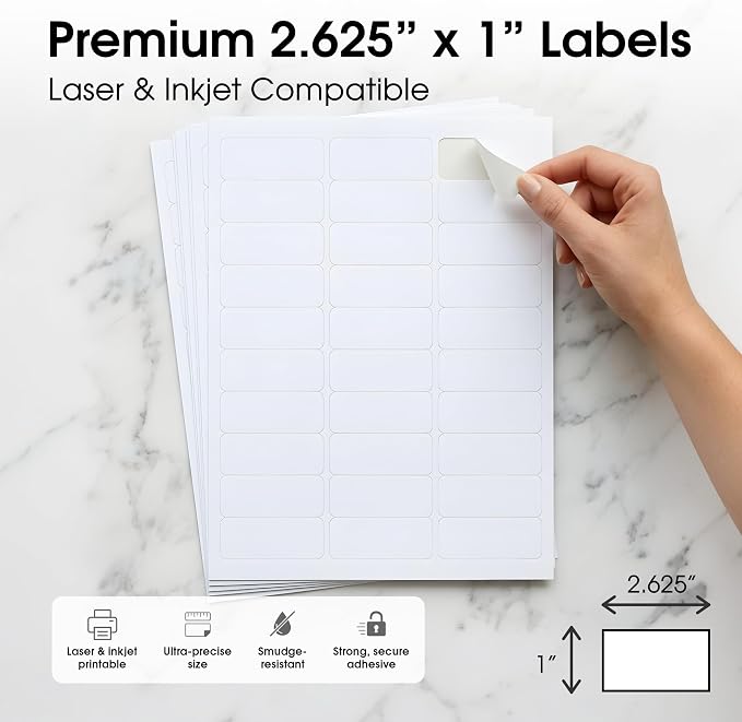 1" X 2 5/8" Matte White Printable Address Labels (500 Sheets, 15000 Stickers) Mailing and Return Address Labels for Laser & Inkjet Printers - Spartan Industrial Template R007