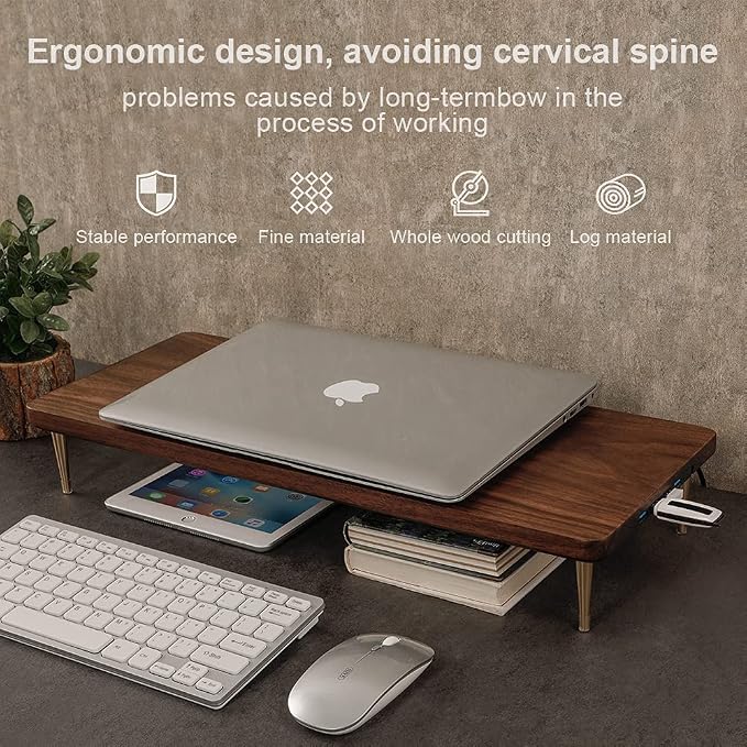 Monitor Stand with 4 USB Ports Walnut Wood Riser for iMac Laptop Computer Monitor – A Sturdy Computer Stand to Elevate Your Screen and Reduce Eye Strain and Maintain Body Position