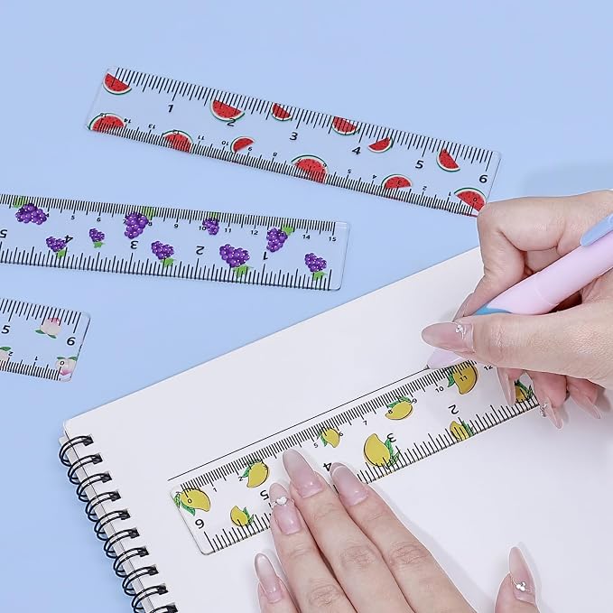 BAYTORY 4Pcs Transparent Acrylic Small Ruler 6 Inch, Straight Mini Rulers | Shatterproof Student Stationery Centimeters with Inches, for Classroom Essentials School Supplies (Fruit 6 Inch)