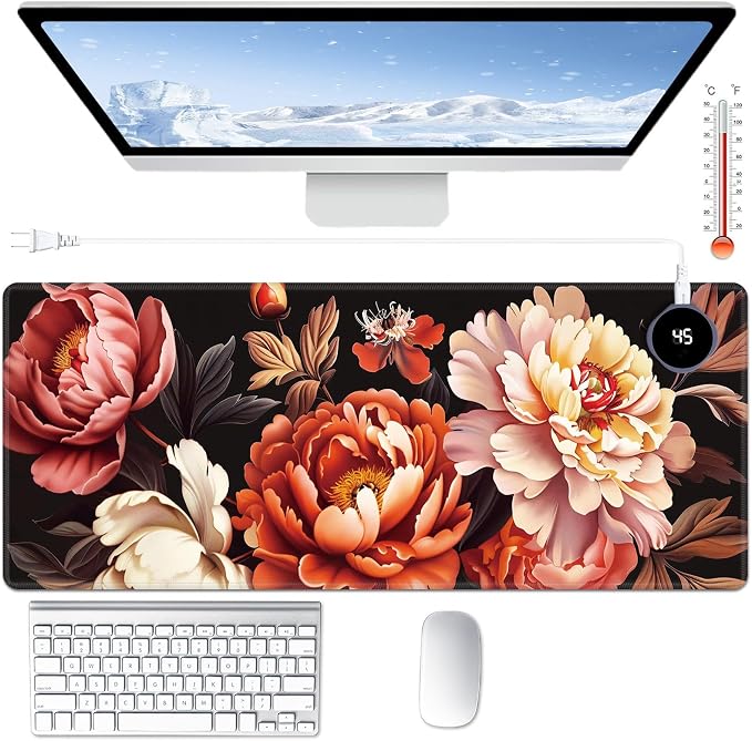 Heated Desk Pad Large Mouse Pad 31.5 x 13 inch with 3 Levels Heating & Auto Shut-Off Warm Mouse pad PU Leather Computer Mousepad for Home Office Work - Pink and Red Flower