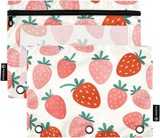 ALAZA Pencil Pouch for 3 Ring Binder, Fruit Strawberry Binder Pencil Pouches with Clear Window Zipper Pencil Case Cosmetic Bags for Office College Supplies, 2PCS