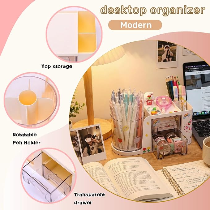 Desk Organizer with 2 Drawer, 360°Rotating Pencil Holder for Desk, Office organization, Desk accessories for women with 5 Compartments for School, Home, Office Supplies, Includes Cute Sticker (White)