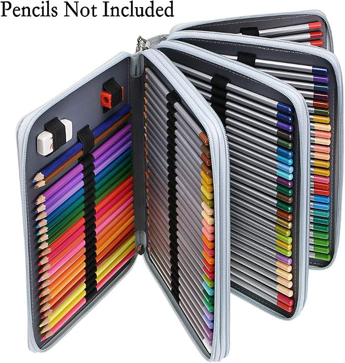 BTSKY 200 Slots Colored Pencil Organizer - Deluxe PU Leather Pencil Case Holder With Removal Handle Strap Pencil Box Large for Colored Pencils Watercolor Pencils Grey