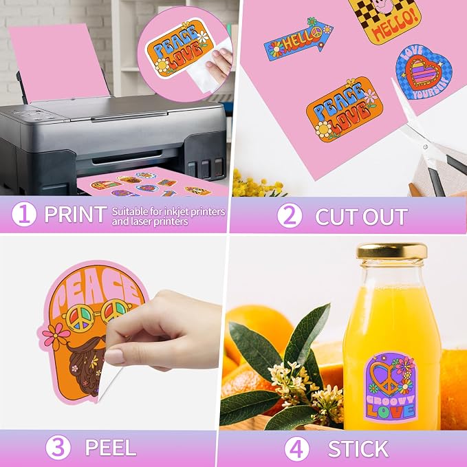 Matte Pink Printable Sticker Paper, 25 Sheets Printable Sticker Paper, Laser/Inkjet Printing- Letter Size (8.5" x 11")