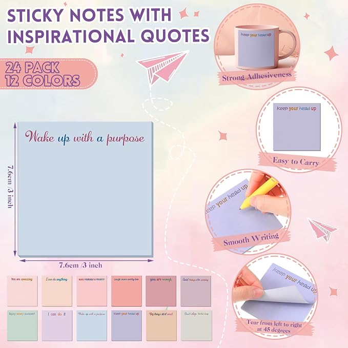 Yinder 24 Pcs Inspirational Sticky Notes, Back to School Supplies, Cute Motivational Sticky Notes Pad Employee Appreciation Gifts Bulk for Teacher Coworker Office 3 x 3'' (Inspire,Aesthetics)