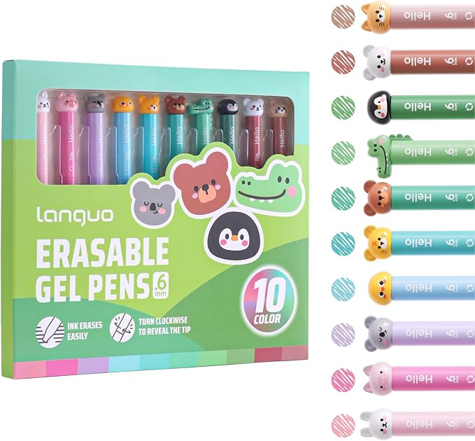 languo Erasable Gel Pens, 0.6mm Fine Tip, Twist Retractable, 10 Pack | Cute Animal Design, Assorted Ink Colors, Smooth Ink Flow, Clean Corrections, Ideal for Drawing, Writing, Journaling, Planners