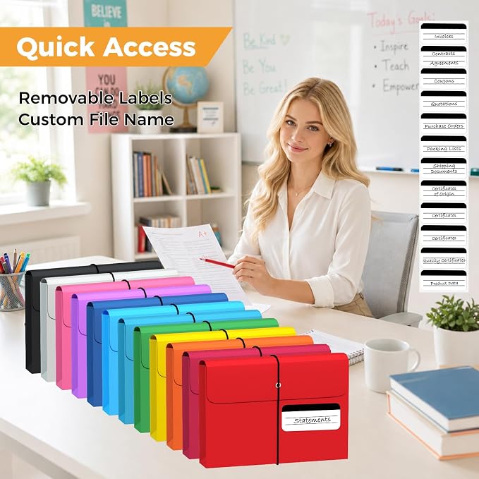 Ansook Plastic File Jackets, Expandable File Folders Letter Size with 2" Expansion, File Folder Organizer with Flap & String Tie, 12 Pack Poly Pocket File Folders for Office School Home – 12 Colors
