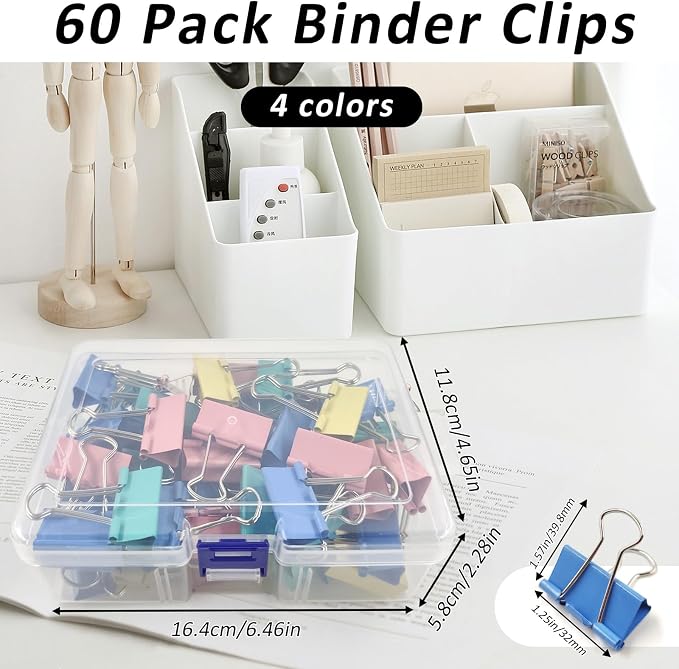 60 Pack Binder Clips Medium, 1.25 Inch/32mm Colored Binder Paper Clips with Container, Paper Clamps for Office Supplies, Home, School,Business Document Organizing (Blue, Pink, Yellow, Green)