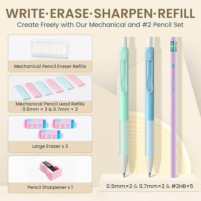 Cute Pencil Case With Supplies, 39 PCS Aesthetic Stationery Set with Pencil Pouch, 6 Black Ink Gel Pens, 12 Pastel Highlighters, 5 #2 HB Pencils, 4 Mechanical Pencils, Back to School Supplies - Beige