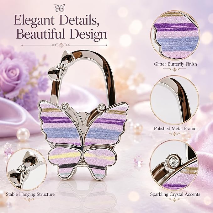 Purse Hook for Table, Foldable Handbag Hanger for Women, Portable Bag Holder with Non-Slip Base, Cute Stripes Purple Butterfly Purse Table Hook for Restaurant Office Travel Gift