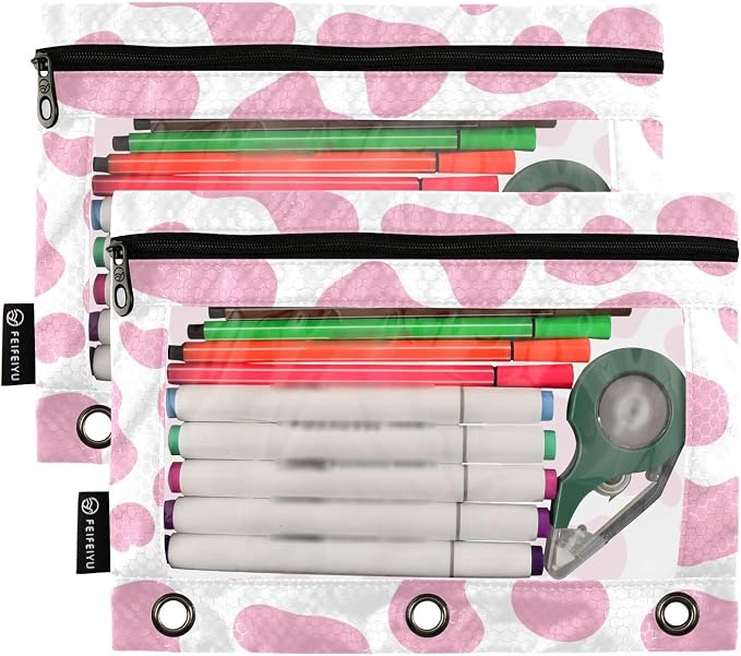Cow Pencil Pouches for 3 Ring Binder 2 Pack | Binder Pencil Case With Zipper Reinforced GrommetsPencil Bags for Office Organizers