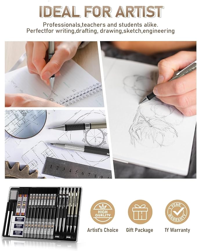 Nicpro 35PCS Gold Art Mechanical Pencils Set, 3 PCS Metal Drafting Pencil 0.5 mm & 0.7 mm & 0.9 mm & 3 PCS 2mm Lead Holder (6B 4B 2B HB 2H 4H Colors) For Sketching Drawing With 20 Tube Lead Refills