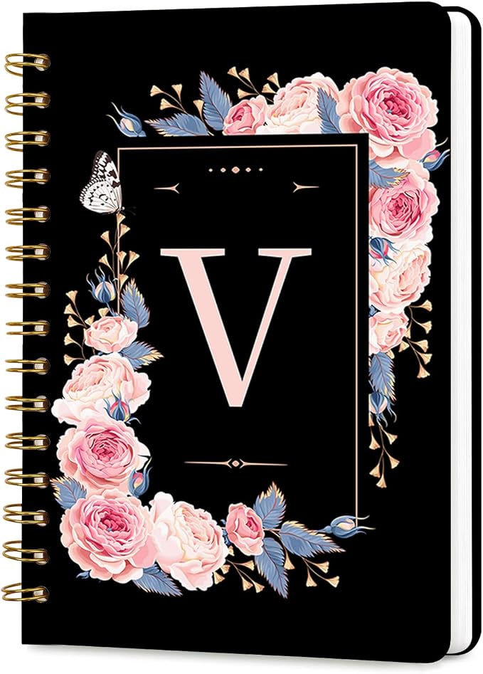 Lined Spiral Journal for Women, A5 Notebook for Work, 160 Pages, Letter V | College Ruled Spiral Notebook, Hardcover with Elegant Design for Note-Taking, 5.5 * 8.25 inch