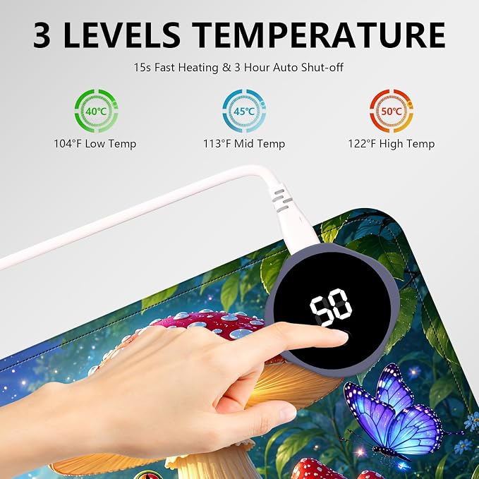 Large Heated Mouse Pad–31.5" x 13" Desk Mat for Office | 3 Adjustable Heat Levels,Auto Shut-Off After 3 Hours for Safety,Keeps Hands Warm While Working，Mushroom Frog