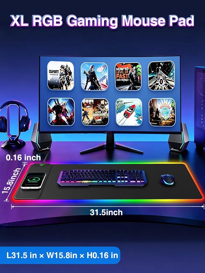 XXL RGB Gaming Mouse Pad with 15W Magnetic Wireless Charging, 31.5'' x 15.8'' Extra Large LED Mousepad, 24 Lighting Effects Desk Mat with Non-Slip Rubber Base, Waterproof Ultra-Smooth Surface
