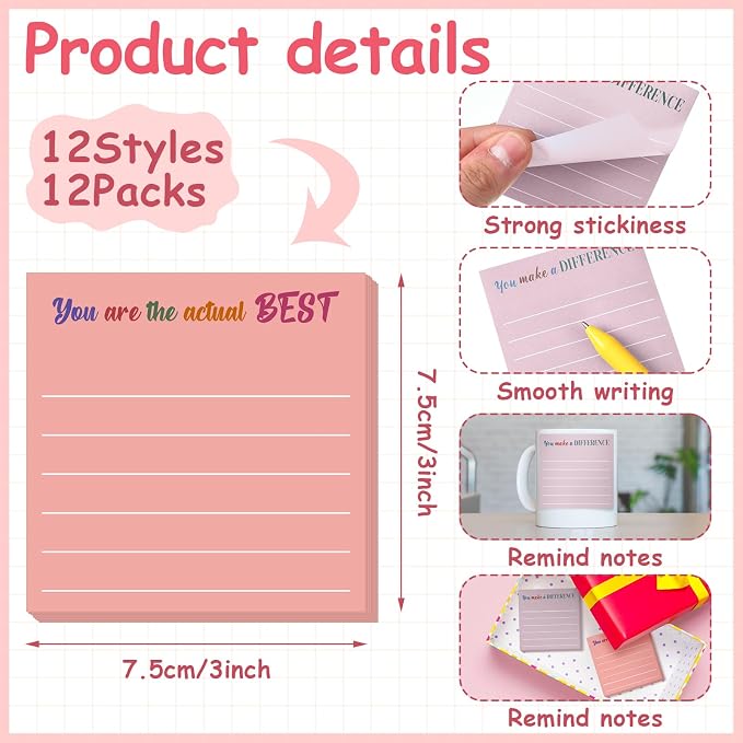 Yinder 12 Pcs Inspirational Sticky Notes, Back to School Supplies, Cute Motivational Sticky Notes Pad Employee Appreciation Gifts Bulk for Teacher Coworker Office 3 x 3'' (Appreciation,Aesthetics)