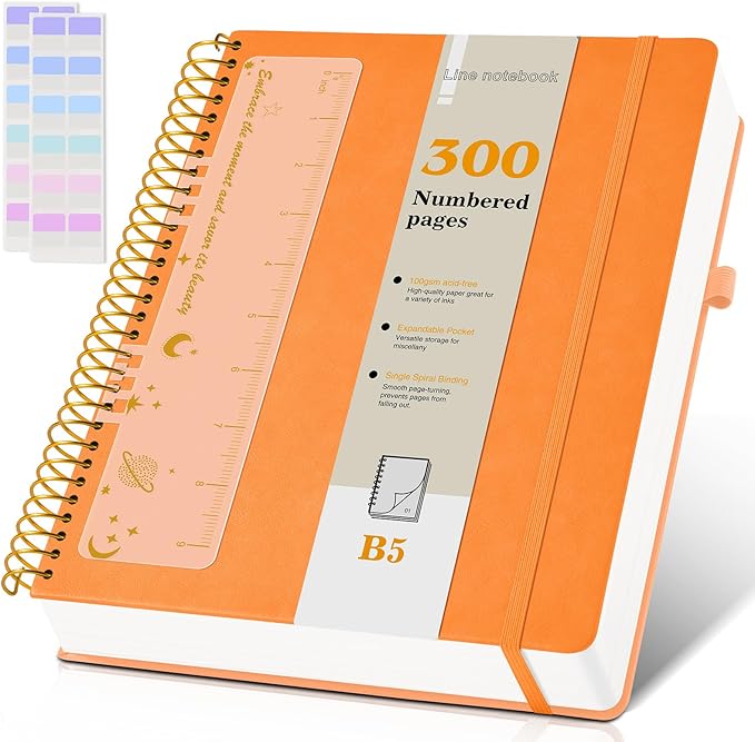 B5 Spiral Notebook Journal 7.6” x 10”, 300 Numbered Pages Hardcover Leather Journals for Women Men, Large Lined College Ruled Notebooks, 100GSM Thick Paper, Spiral Bound Journal for Work School, Orange