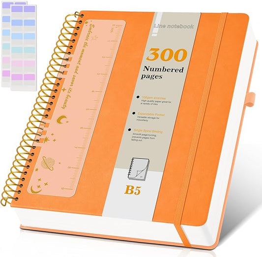B5 Spiral Notebook Journal 7.6” x 10”, 300 Numbered Pages Hardcover Leather Journals for Women Men, Large Lined College Ruled Notebooks, 100GSM Thick Paper, Spiral Bound Journal for Work School, Orange