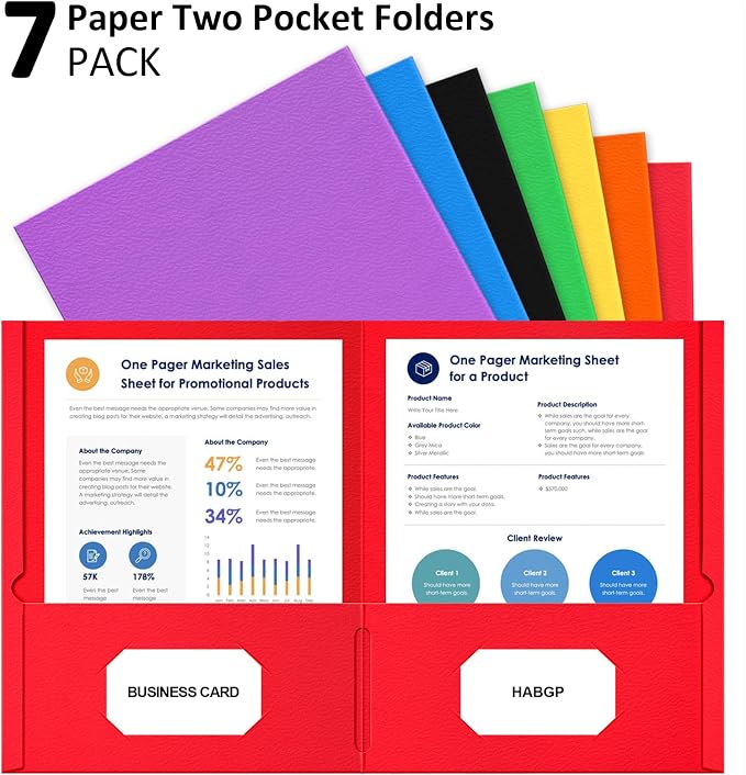 HABGP Two Pocket Folders, 7 Pack Paper Folders with Pockets Fit 8.5 x 11 Letter Size Paper, 7 Assorted Colors File Folders with Pockets and Business Card Slots for School Office Home Business