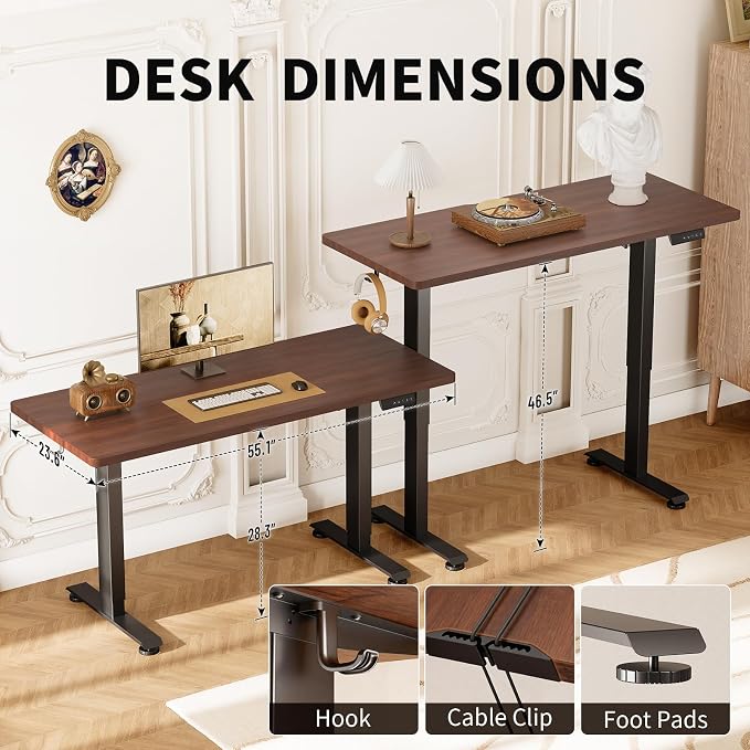 Veken 47.2 Inch Large Electric Standing Desk, Gaming Table, Walnut | Height Adjustable Sit Stand Up Computer Tables for Home Office, Study , Writing, Suit students, employees and group work