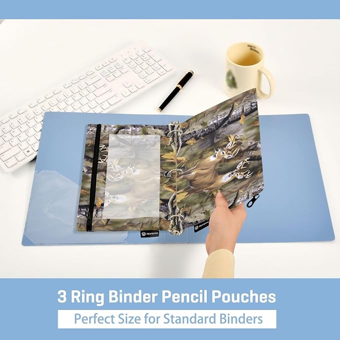 Camo Deer Hunting Pencil Pouches for 3 Ring Binder, Zipper Binder Pencil Case, 2 Pack Clear Window Case Bag for Office Organizers