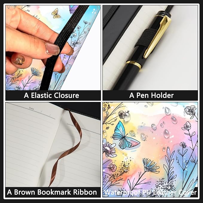 A5 Leather Lined Journal Notebook, 200 Pages Hardcover Executive Notebook for Office School Note Taking, Thick Writing Paper Daily Journal with Bookmarks/Indexes, Butterfly Watercolor Flower