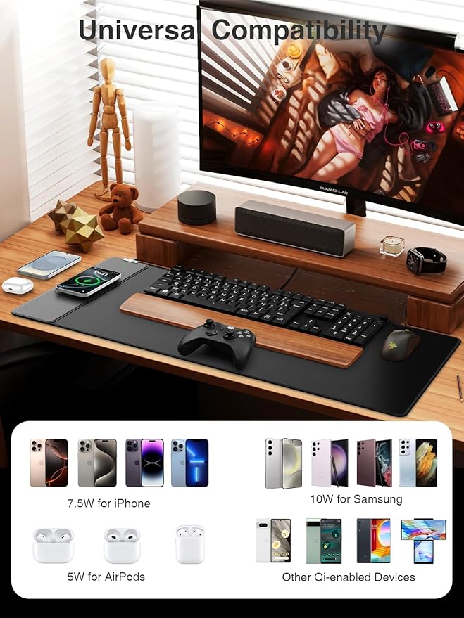 Wireless Charging Mouse Pad, 31.5"x15.8" Large Desk Mat, Smooth Glide | Waterproof Mousepad, Stitched Edge, Non-Slip Rubber Base, Desk Pad Computer Keyboard Mat, No Adapter