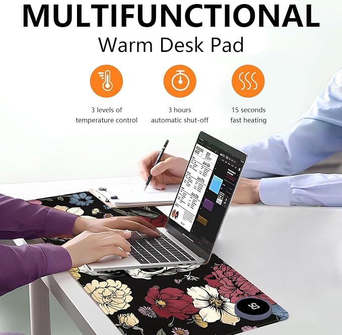 Heated Mouse Pad with 3 Levels Heated & 3 Hours Auto Shut-Off Mouse Pad for Warming Hands in Office Home, 31.5" x 13"Large Safe Desk Mat Hand Warmer，Sugar Flowers Skull Skeleton