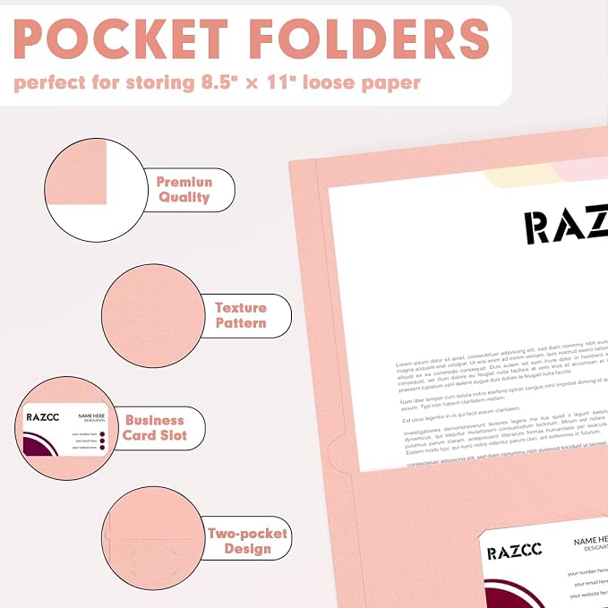 Two Pocket Folders, RAZCC 30 Pack File Folders with Pockets Fit Letter Size Paper, Thick Paper File Folder for School Office Business Home (Pink)